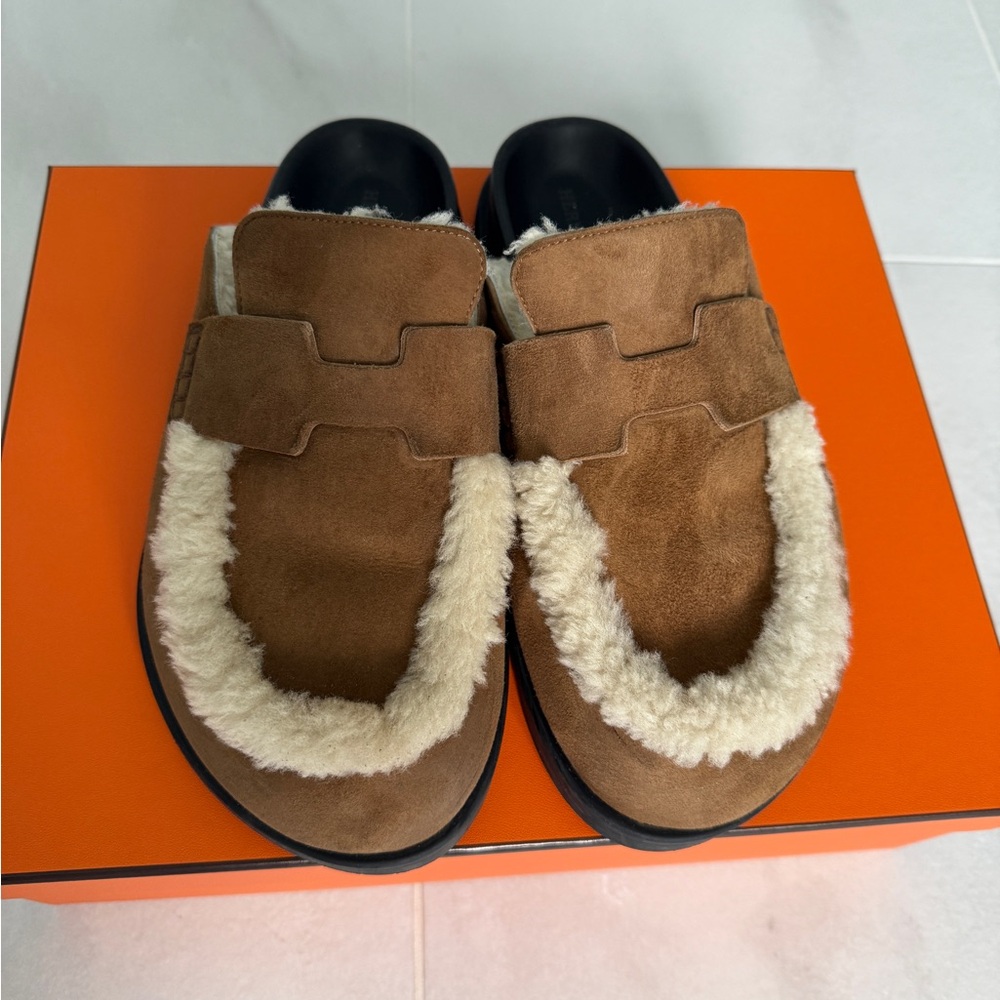 Hermes Brown Suede mules with Shearling Trim